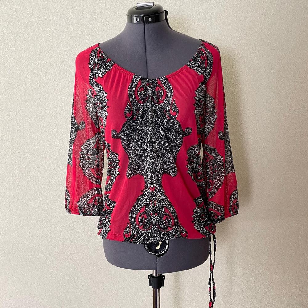 Y2K vintage 2000s INC red sheer micro mesh blouse tuscan mom indie | XS/S
